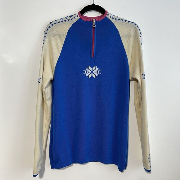 Dale Of Norway Geilo Women’s Merino Wool 1/4 Zip Blue Pink Sweater Size Large - Picture 1 of 11